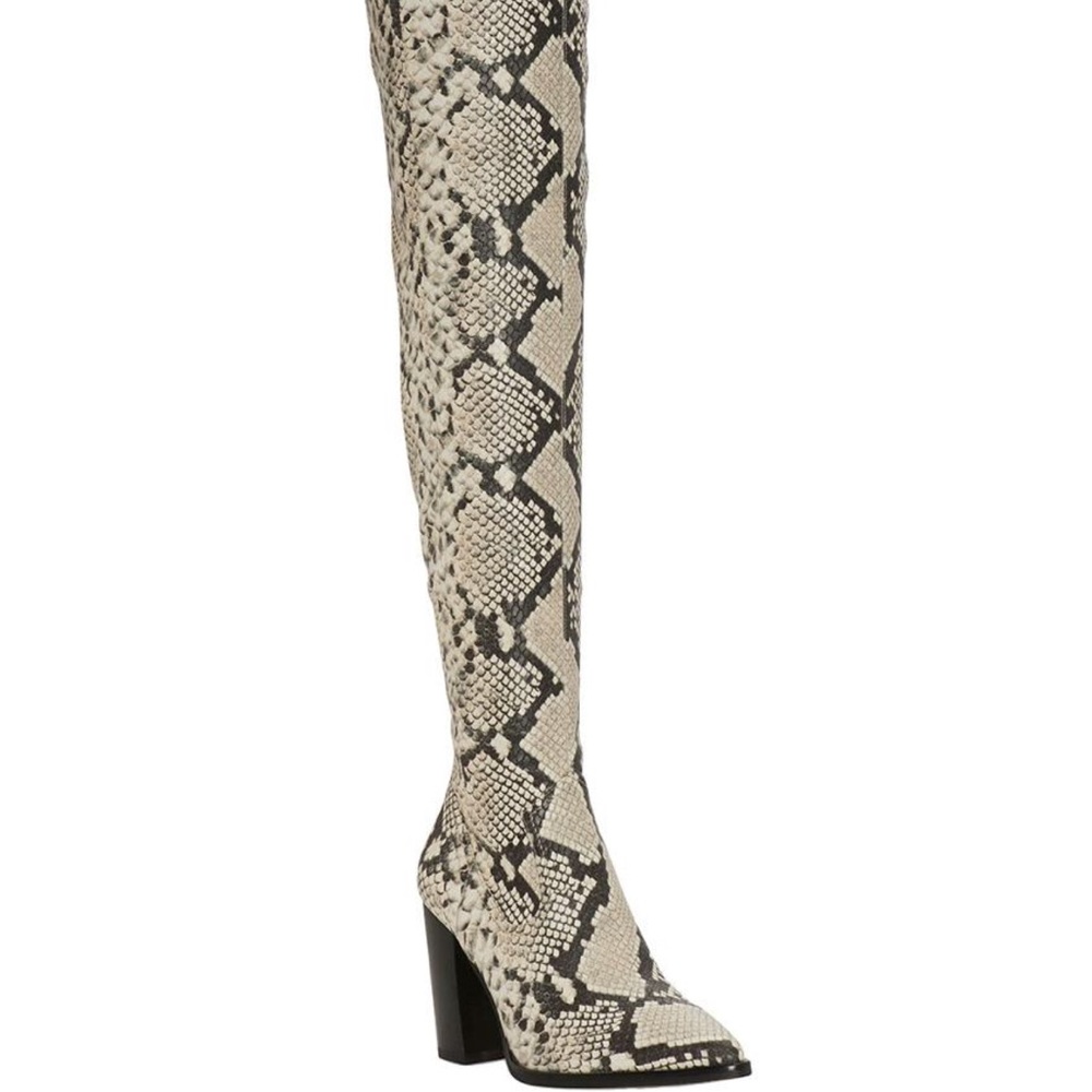 - Vince Camuto cottara black over the knee snake skin boots new in box.